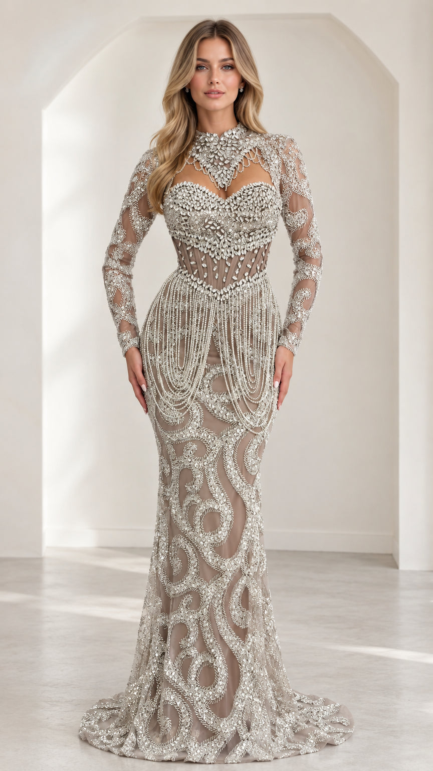 Front view of model wearing Champagne Silver crystal embellished mermaid evening gown