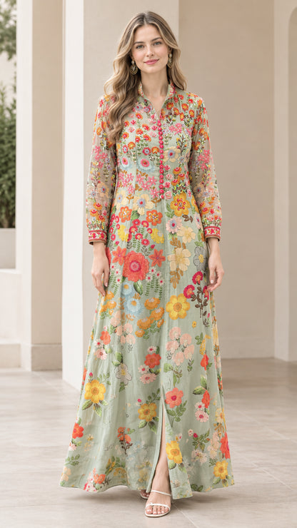 Front full-length view of model wearing sage green floral mandarin collar maxi dress