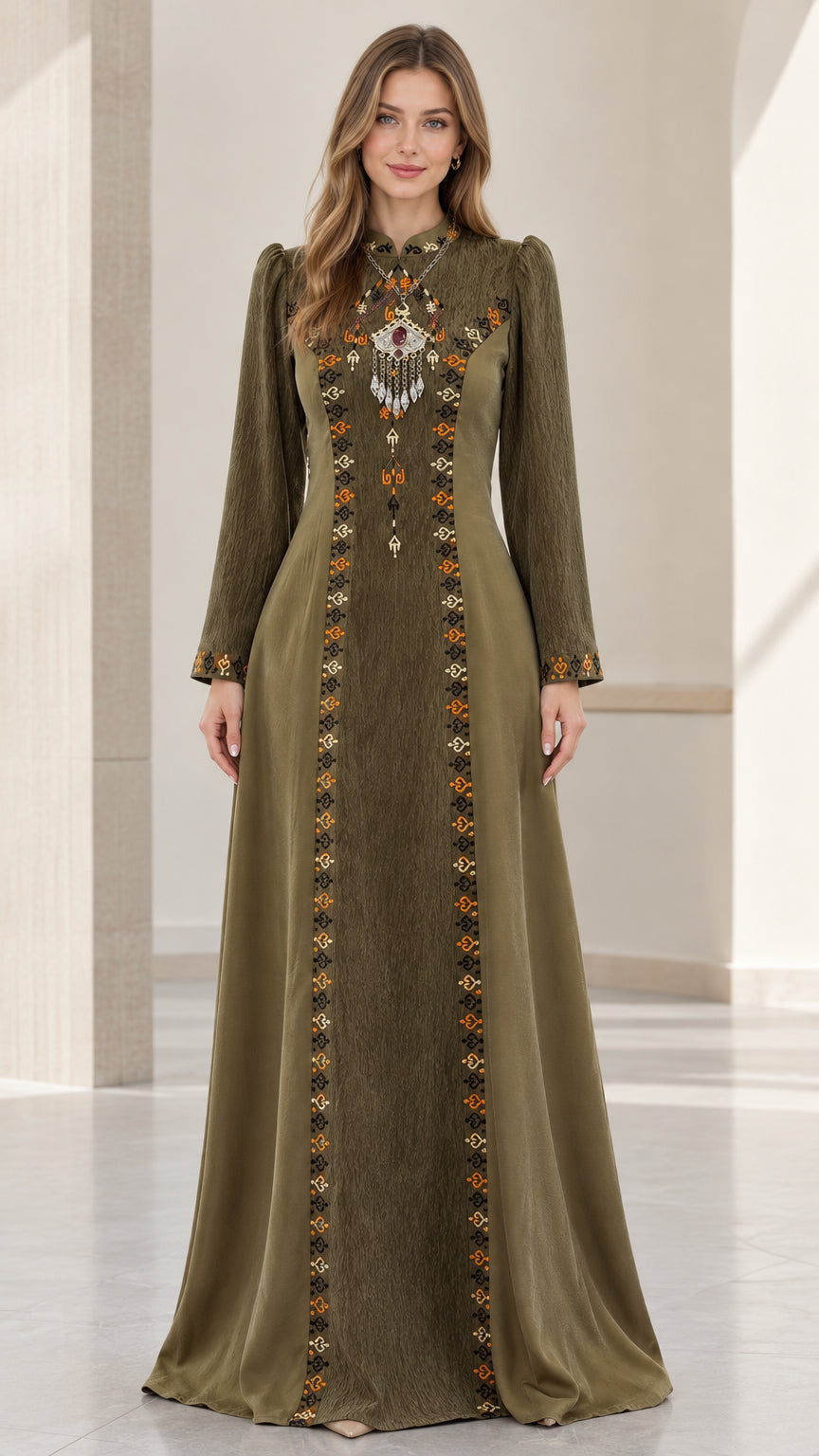 Front full-length view of woman wearing olive green embroidered stand collar maxi dress