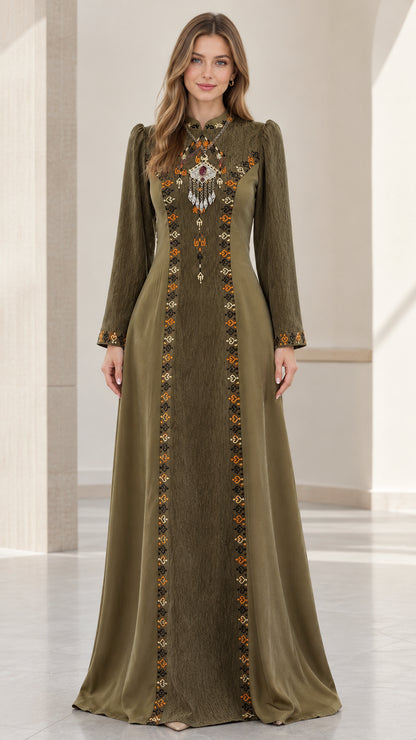 Front full-length view of woman wearing olive green embroidered stand collar maxi dress