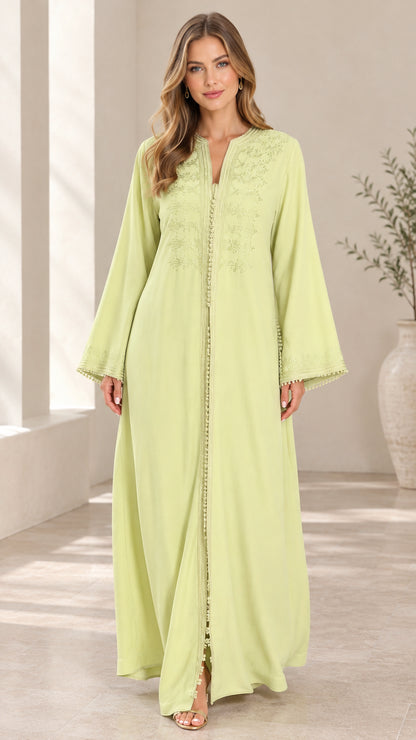 Light green embroidered maxi abaya dress front view