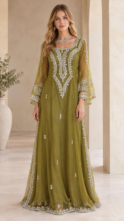 Olive Green embroidered long sleeve formal evening gown front view