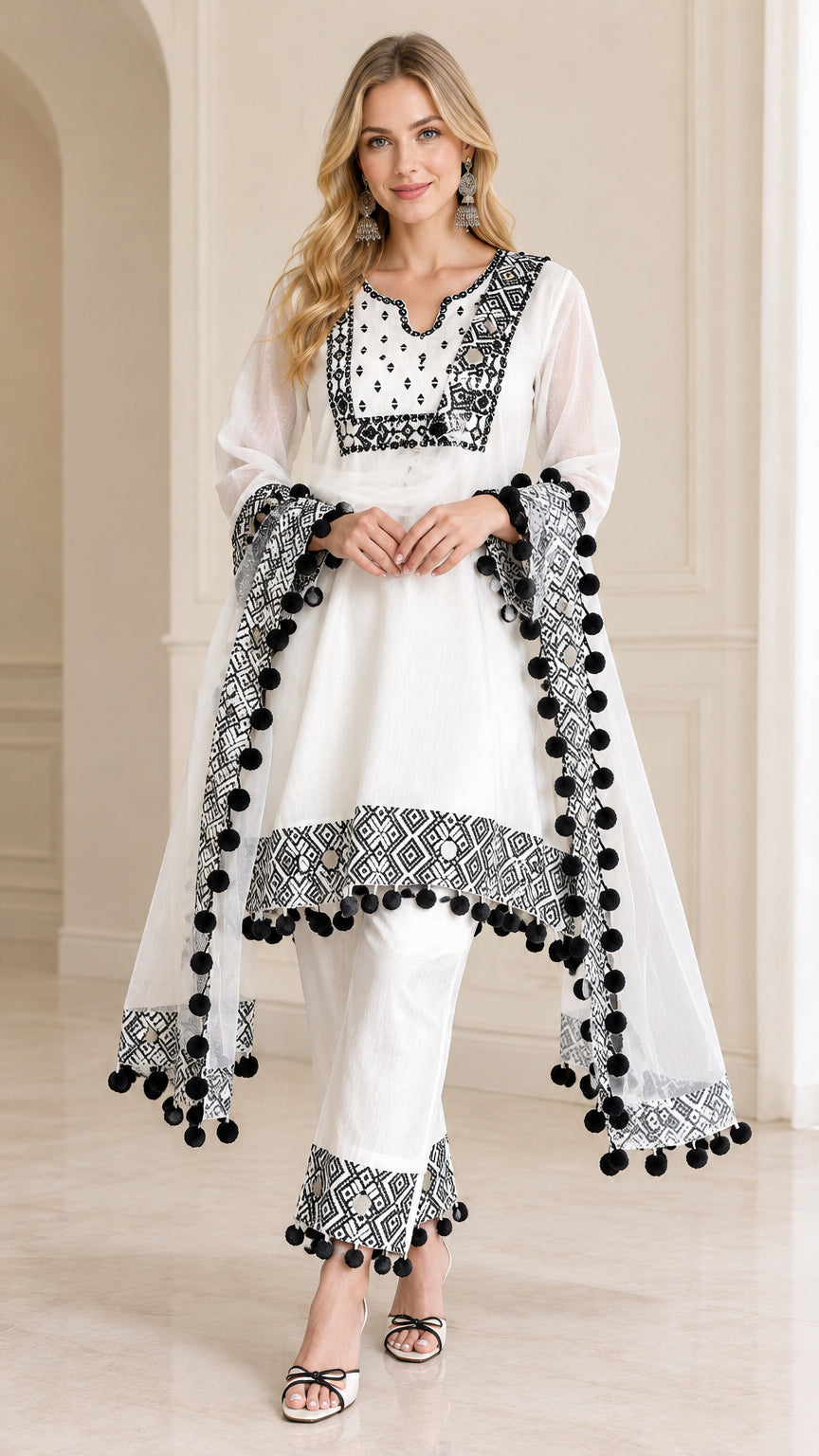 Front full view of women's white 3-piece tunic pants set with geometric trim and dupatta