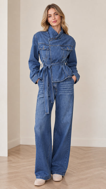 Front full-length view of woman wearing Medium Blue belted denim jacket and wide-leg jeans matching set