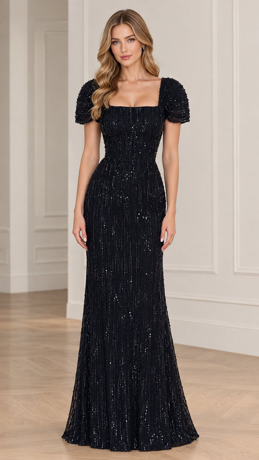 Full front view of black sequin square neck puff sleeve formal maxi gown