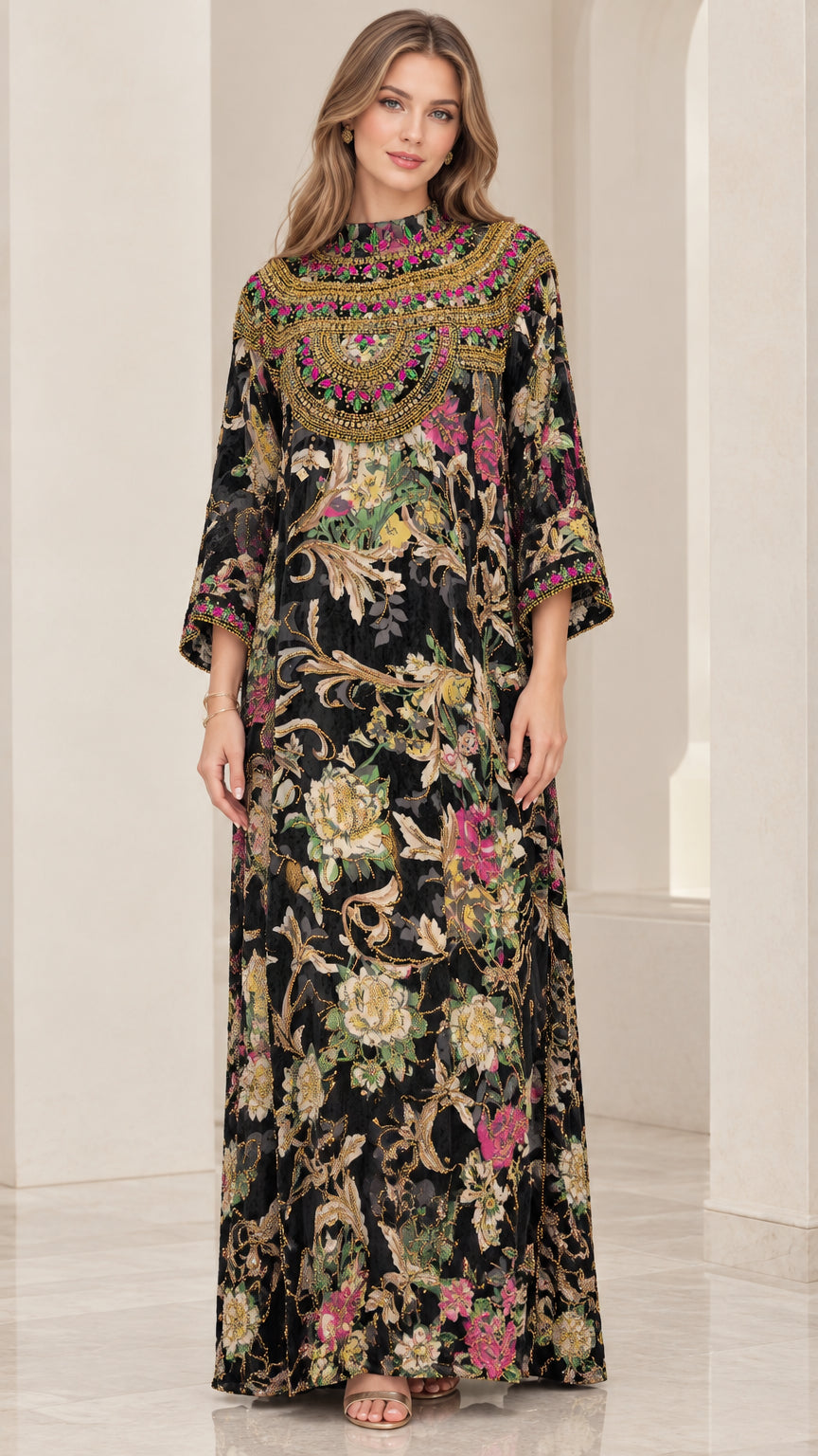 Front view of black floral embellished kaftan maxi dress with beaded neckline