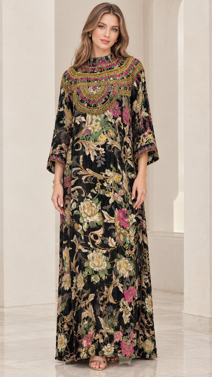 Front view of black floral embellished kaftan maxi dress with beaded neckline
