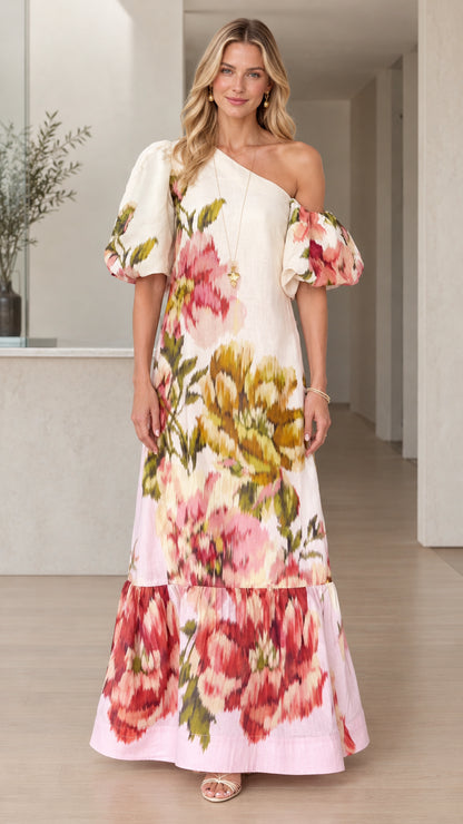 Front view of model wearing White Floral One-Shoulder Puff Sleeve Tiered Maxi Dress