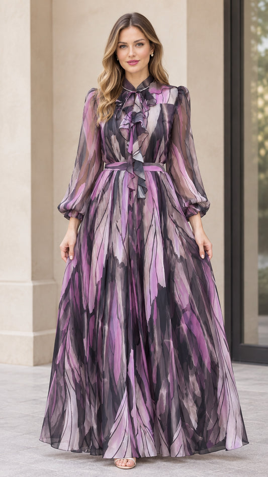 Front full view of woman wearing purple abstract print tie-neck maxi dress