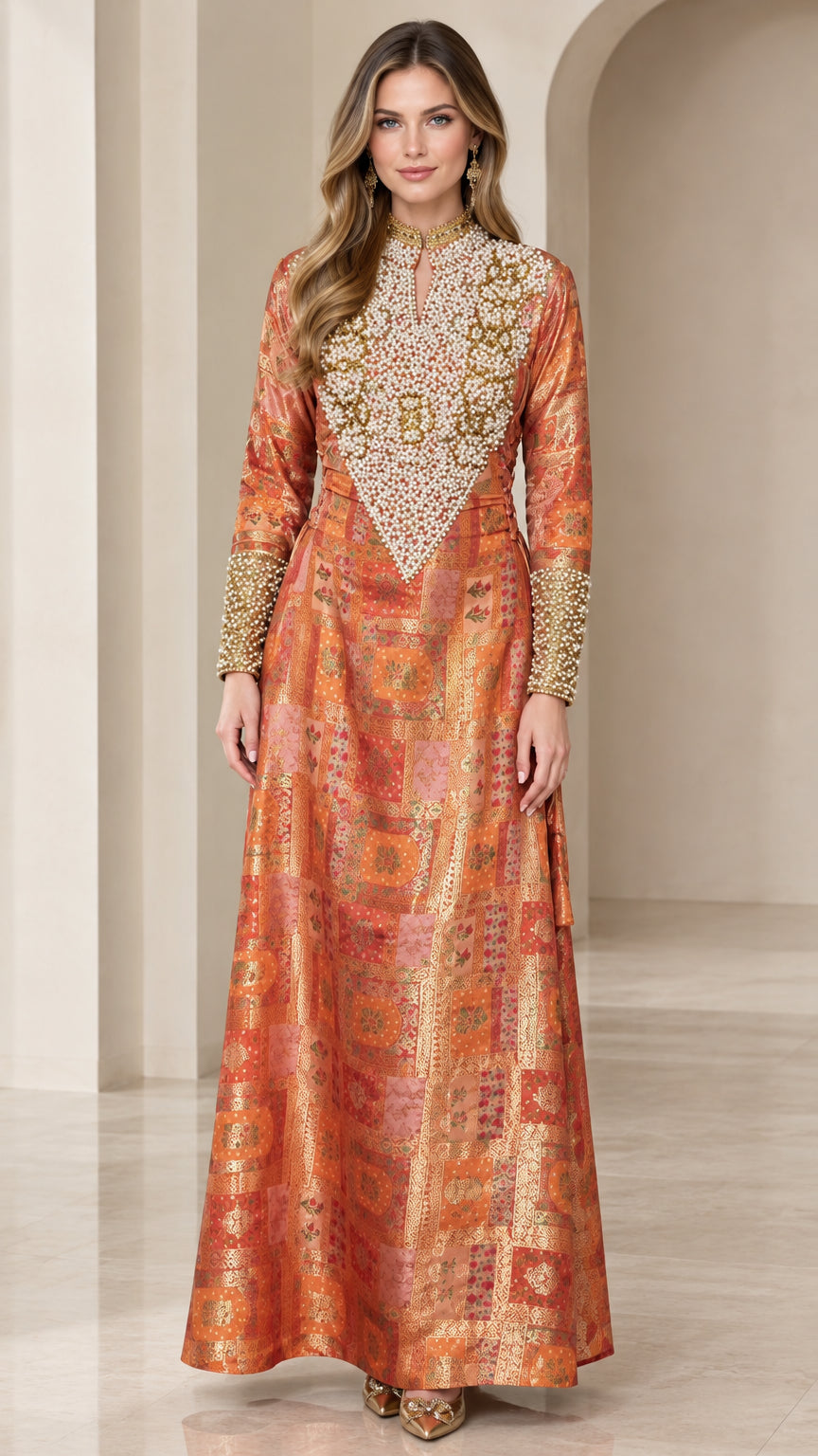 Full front view of rust orange pearl-embellished jacquard maxi dress