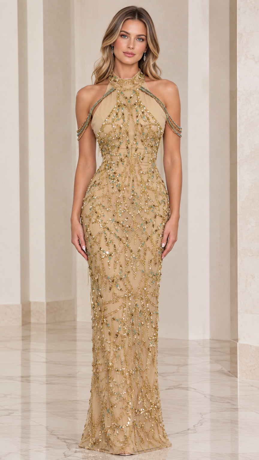 Champagne Gold beaded halter neck evening gown full front view