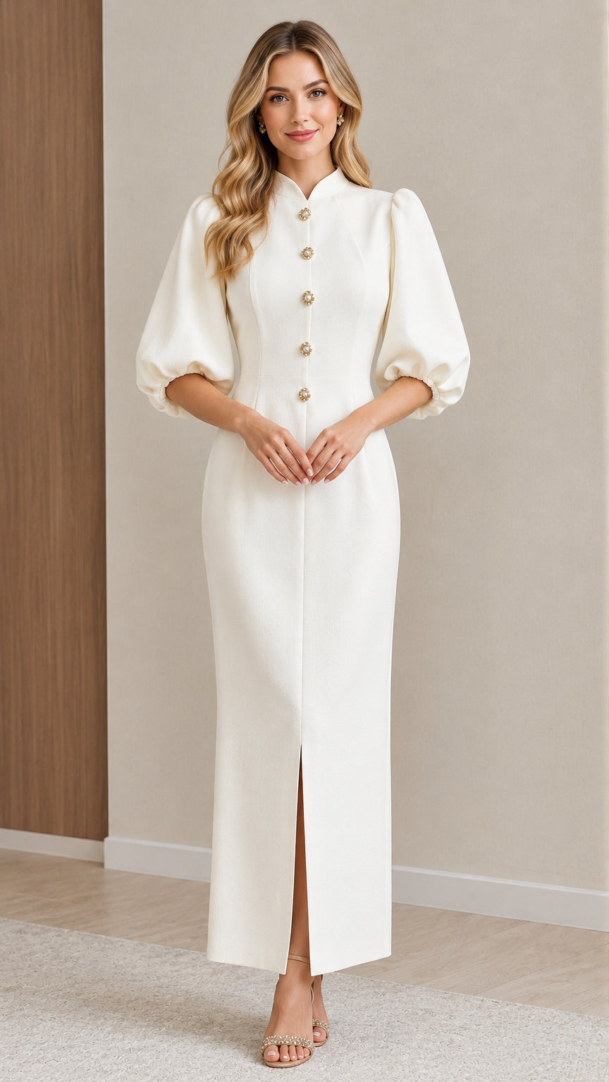 Front view of model wearing the Ivory mandarin collar puff sleeve maxi dress with pearl buttons