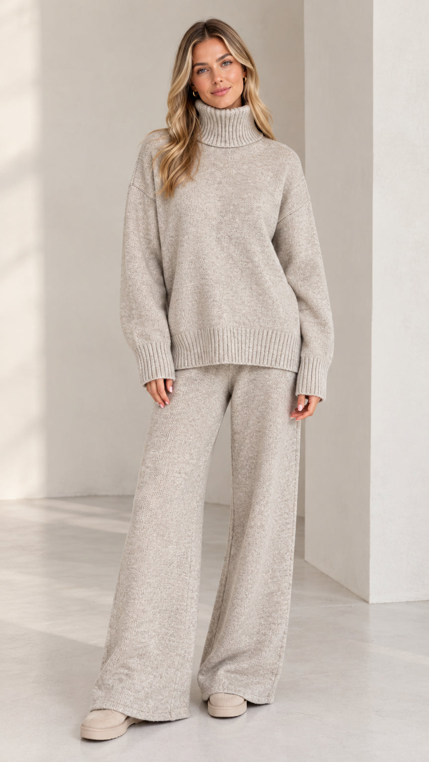 Front full view of women's heather grey turtleneck knit sweater and wide leg pants 2-piece set