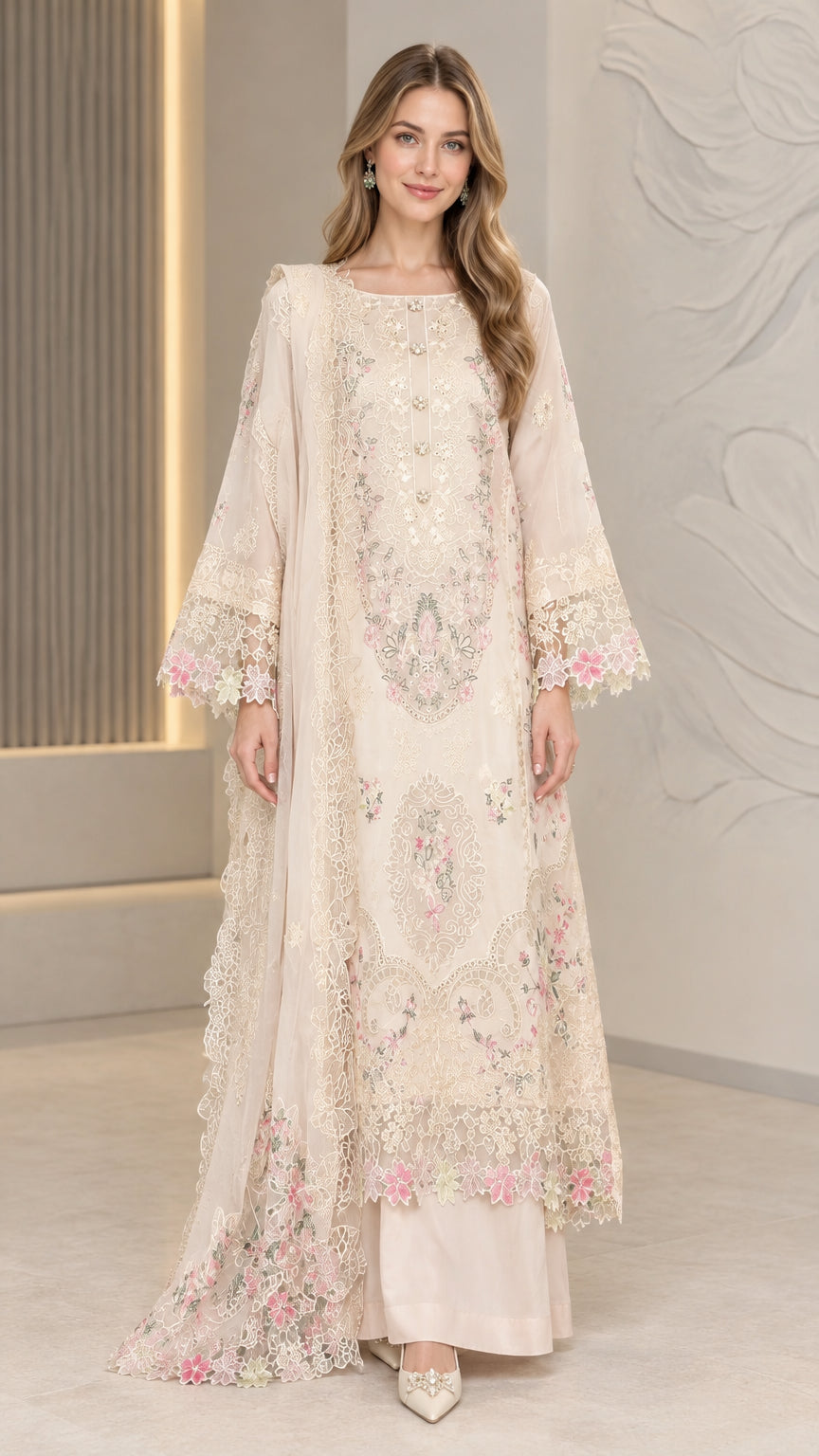 Front full view of Ivory floral embroidered 3-piece tunic set with matching scarf and trousers