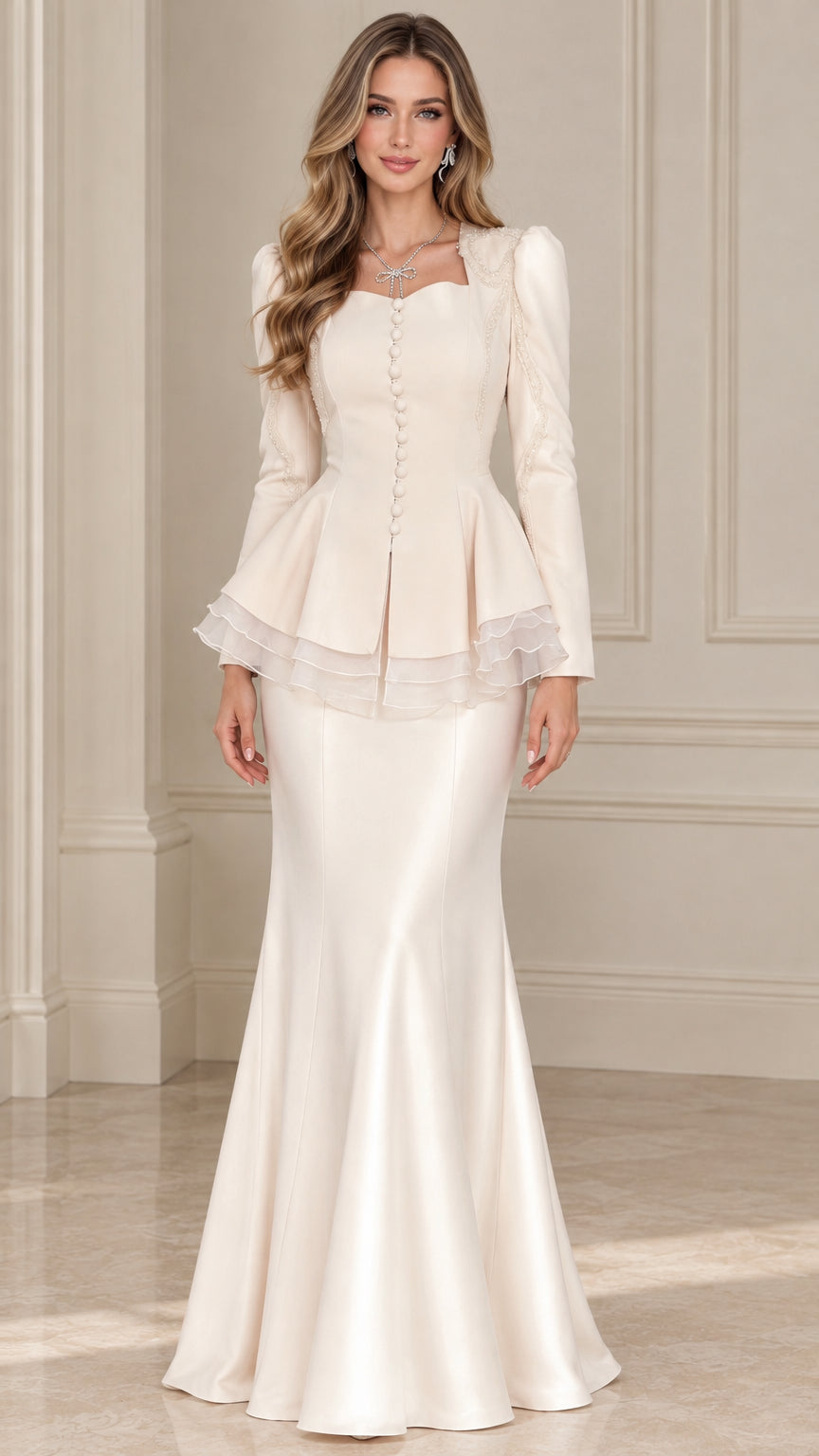 Ivory long sleeve peplum jacket and mermaid maxi skirt evening two-piece set front view
