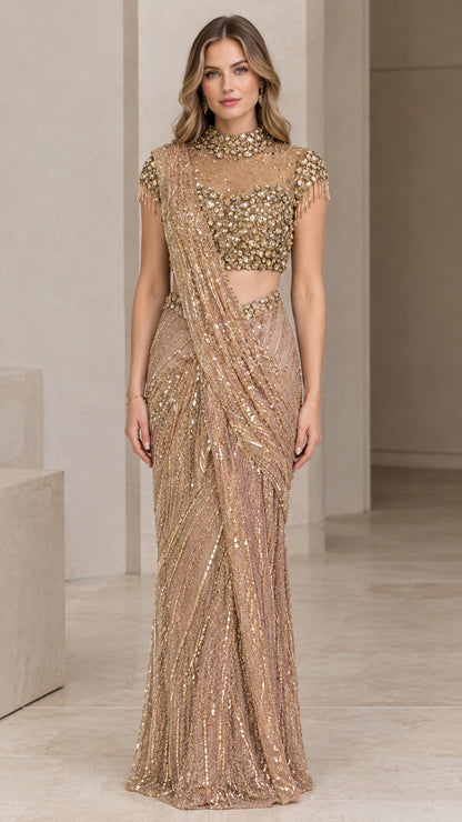 Front view of model wearing Champagne Gold embellished crop top and pre-draped saree gown set