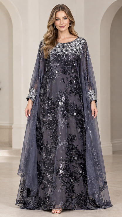Front view of model wearing charcoal grey sequin cape sleeve evening gown