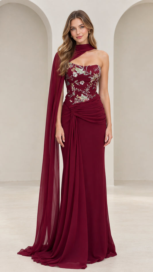 Front view of woman wearing burgundy floral embroidered evening gown with draped shoulder cape