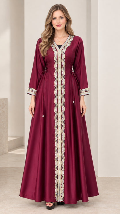 Burgundy embroidered kaftan maxi dress with gold trim front view