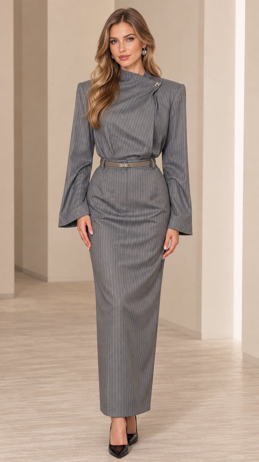 Front view of model wearing grey pinstripe asymmetric high neck belted maxi dress