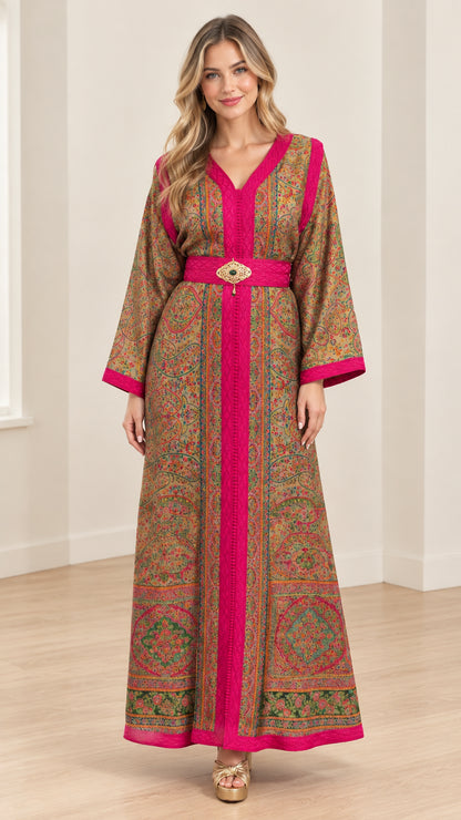 Front view of woman wearing olive tan paisley belted maxi kaftan dress with magenta trim