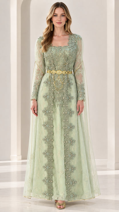 Full front view of sage green embroidered lace evening gown with cape sleeves and gold belt