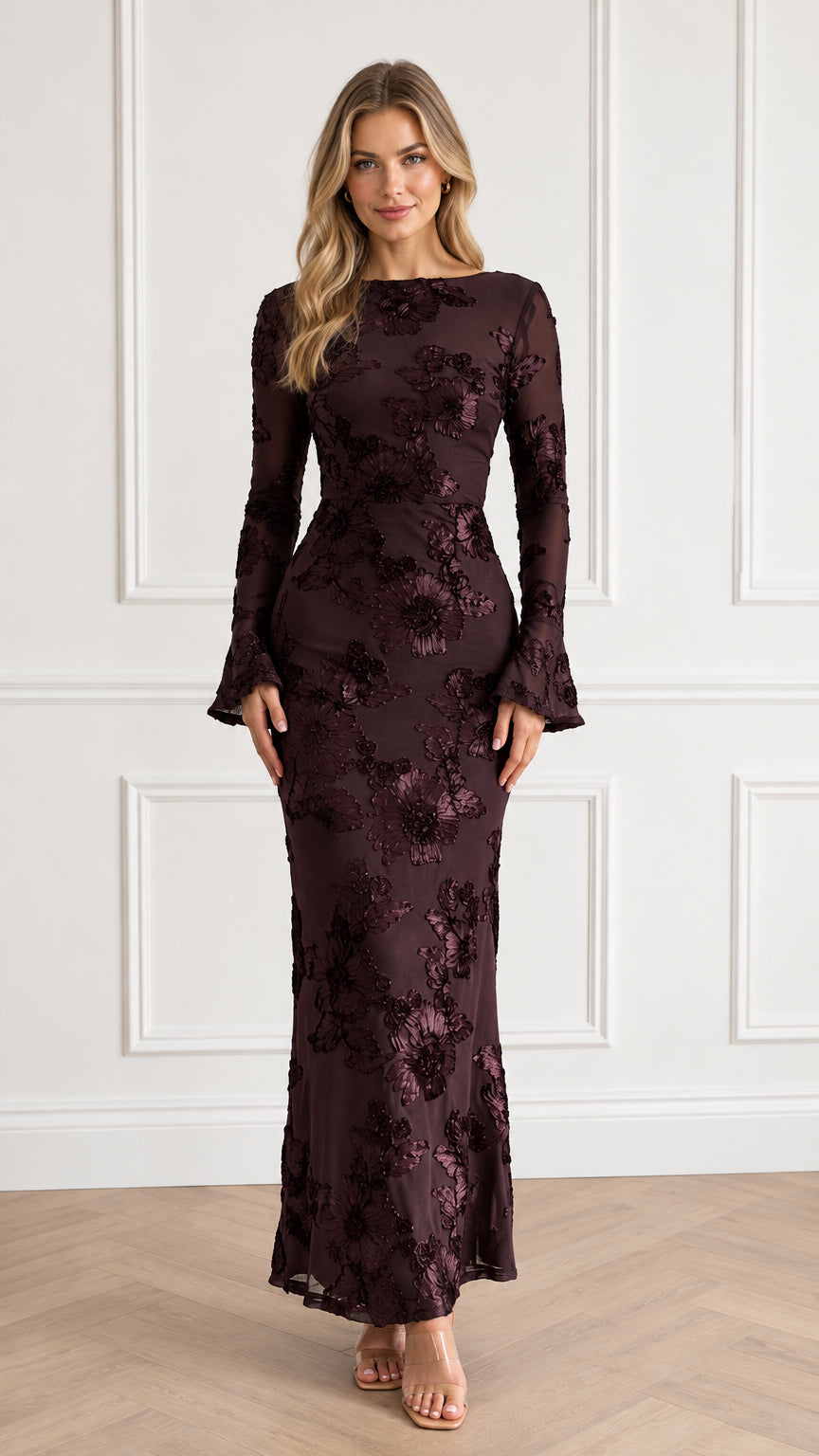 Burgundy floral embroidered maxi dress with flared bell sleeves front view