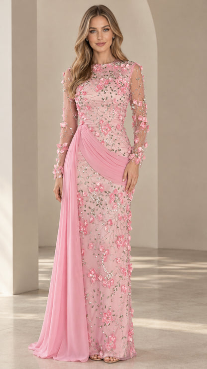 Front full view of Blush Pink 3D floral applique long sleeve evening gown with side drape