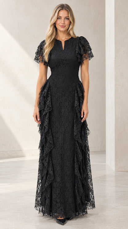 Front full view of woman wearing Black floral lace flutter sleeve maxi gown