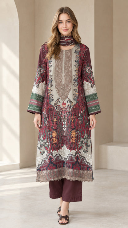Front view of model wearing burgundy paisley printed tunic set with pants and scarf
