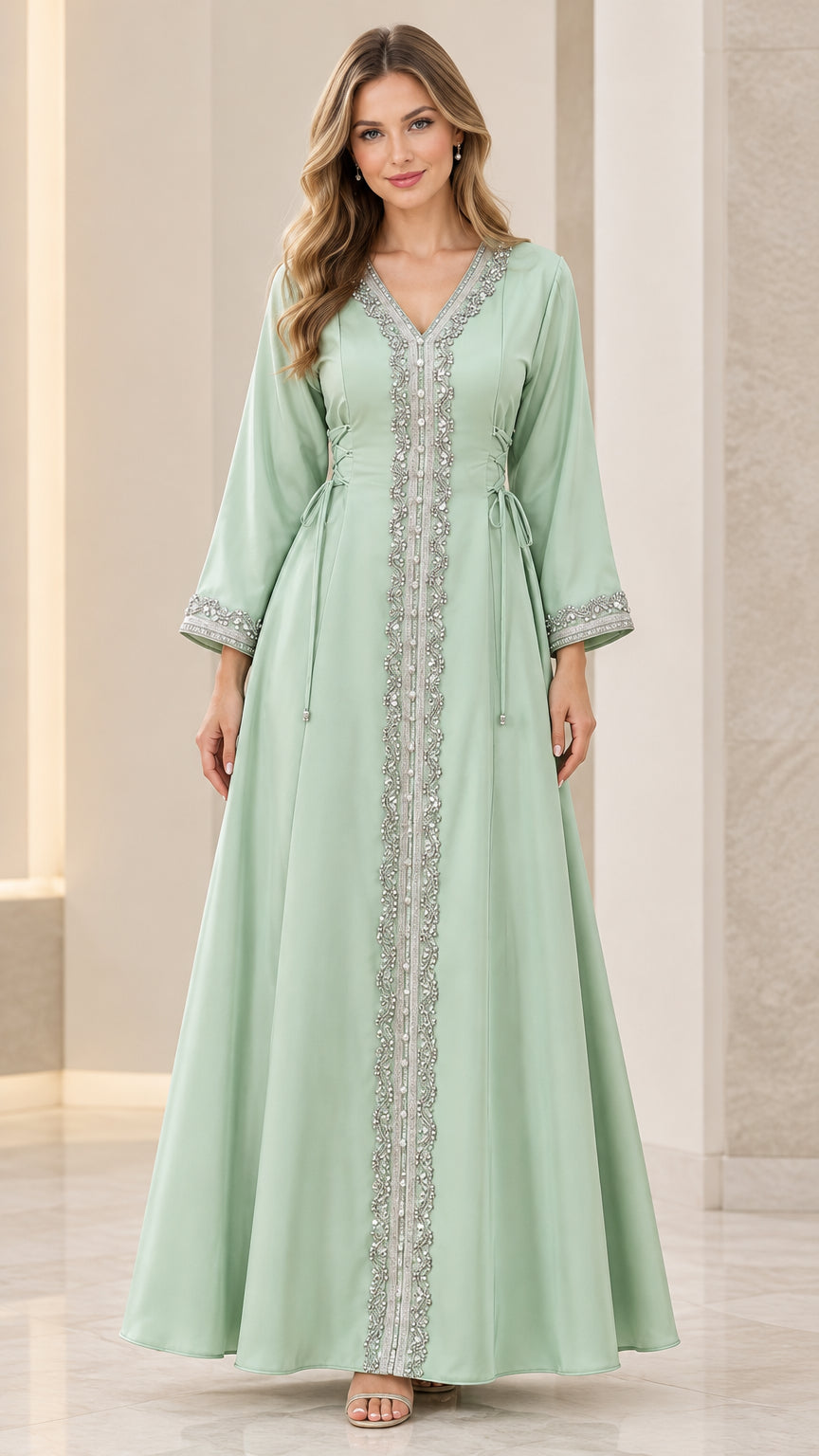 Sage green embellished maxi kaftan dress front view