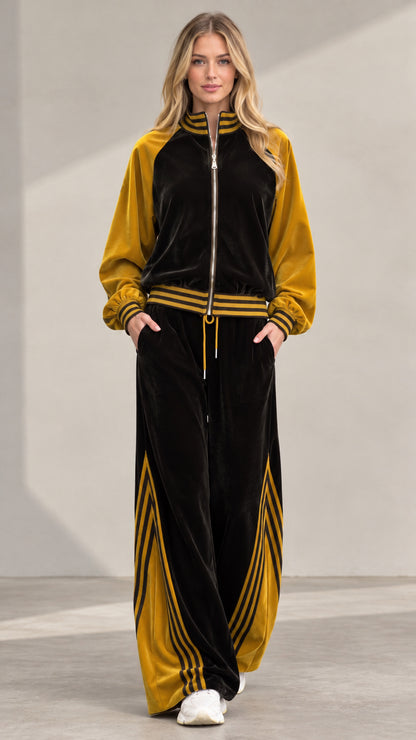 Women's black and gold velour tracksuit set front view