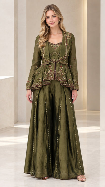 Front full-length view of woman wearing olive green embroidered peplum jacket and wide-leg pants