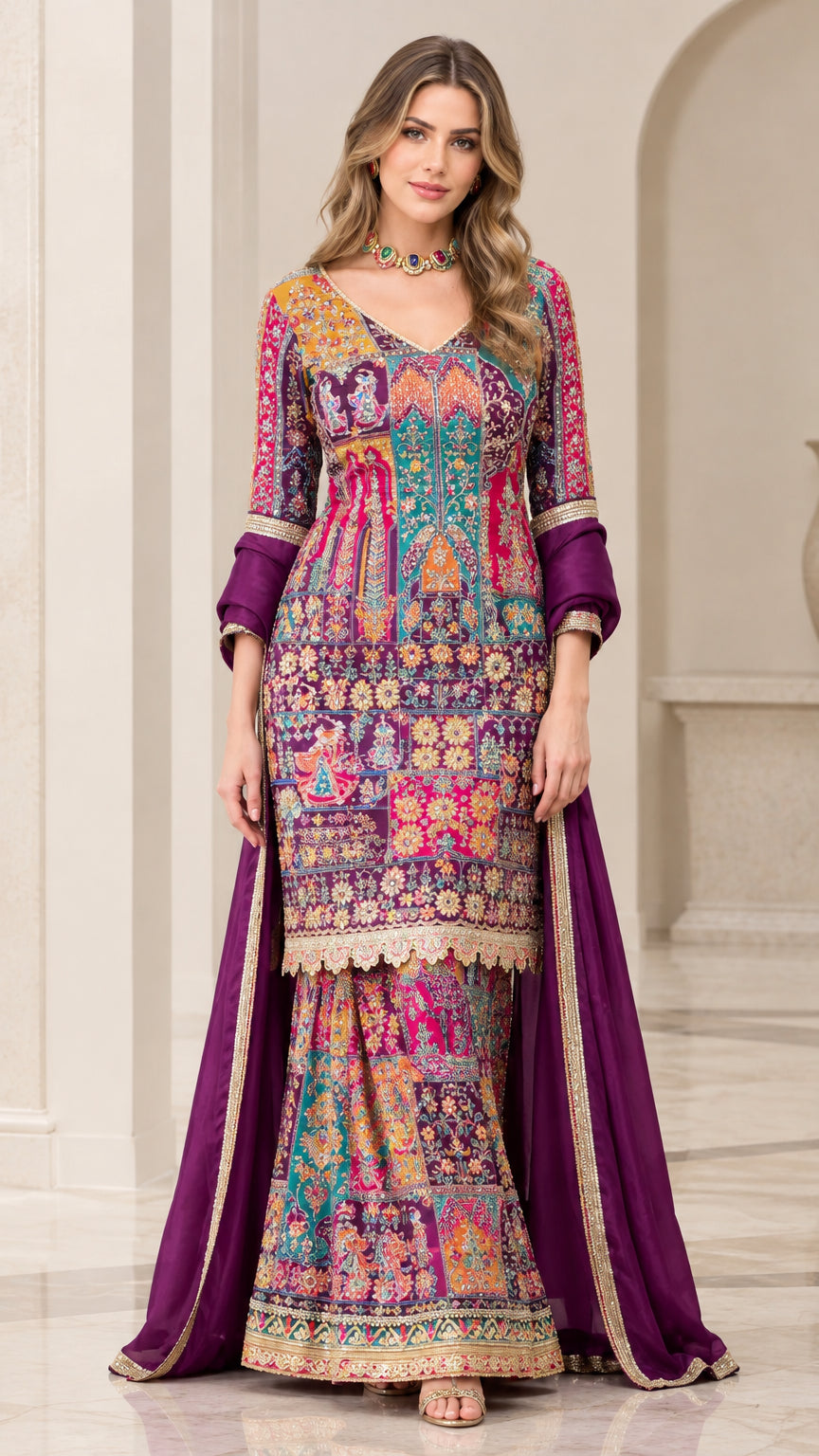 Front full view of woman wearing purple embroidered printed sharara suit set with dupatta