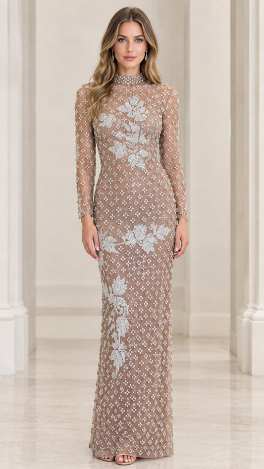 Front view of champagne beaded long sleeve high neck evening gown with floral embroidery