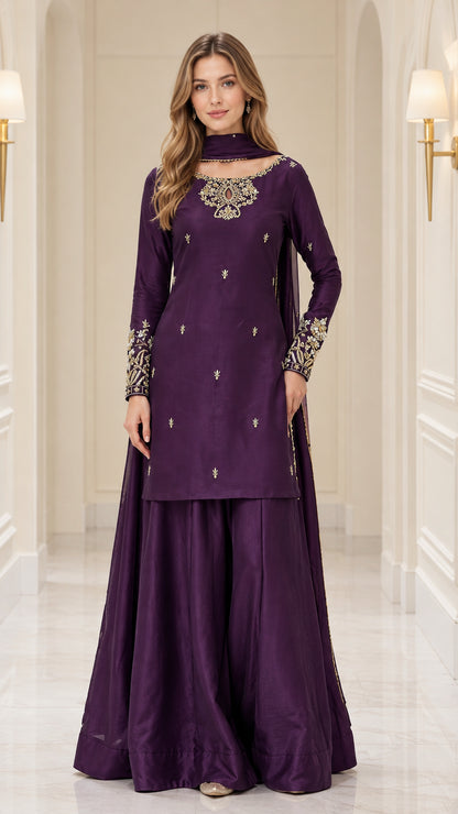 Full front view of purple embroidered kurta sharara set with dupatta