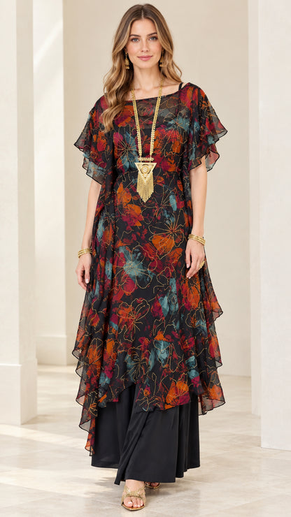 Front full view of woman wearing Black Multi floral layered chiffon maxi dress with flutter sleeves