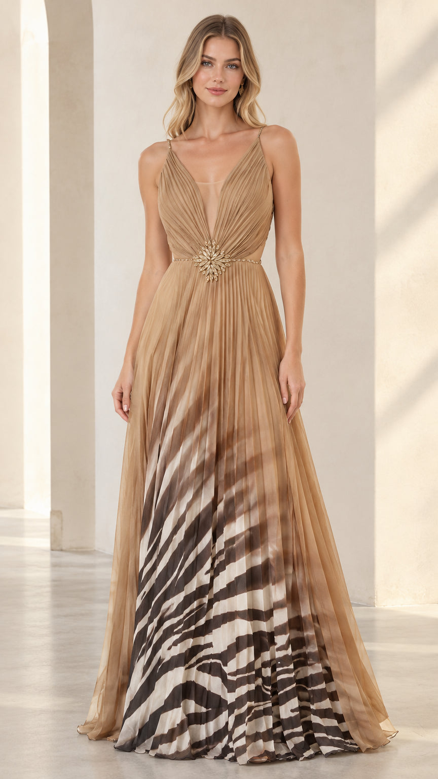 Champagne pleated V-neck maxi gown with ombre zebra print front view