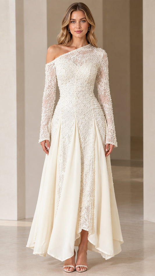 Front view of model wearing Ivory one-shoulder embellished lace maxi evening gown