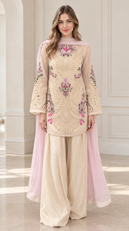 Front full view of woman wearing Champagne Beige embroidered kurti palazzo suit with pink dupatta