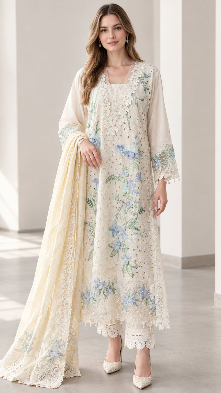 Front full view of woman wearing cream embroidered 3-piece tunic pant set with matching shawl