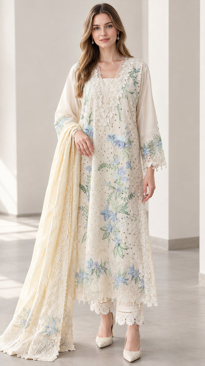 Front full view of woman wearing cream embroidered 3-piece tunic pant set with matching shawl
