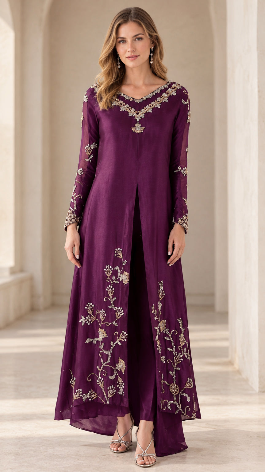 Front full-length view of woman wearing plum embroidered long tunic and pants set