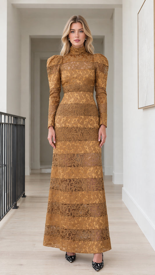 Front view of model wearing Mustard Brown high neck tiered lace maxi dress with long puff sleeves