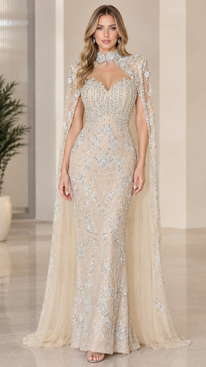 Champagne embellished mermaid evening gown with high-neck sheer cape front view