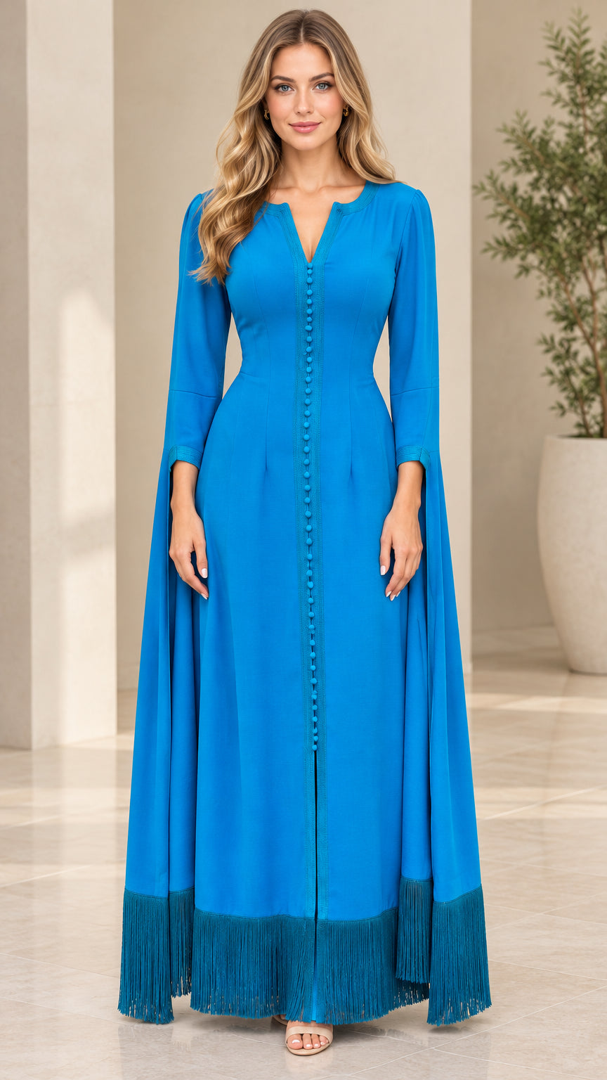 Full front view of royal blue split sleeve maxi dress with fringe hem
