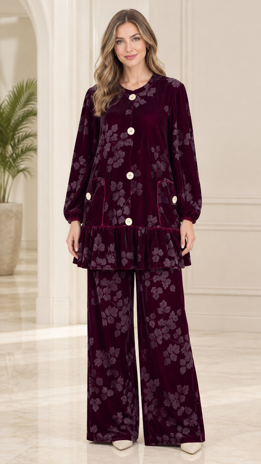 Front view of model wearing burgundy floral embossed velvet tunic top and matching wide leg pants set