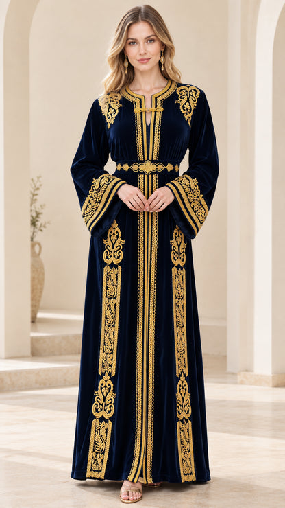 Navy Blue embroidered velvet Moroccan kaftan maxi dress front view