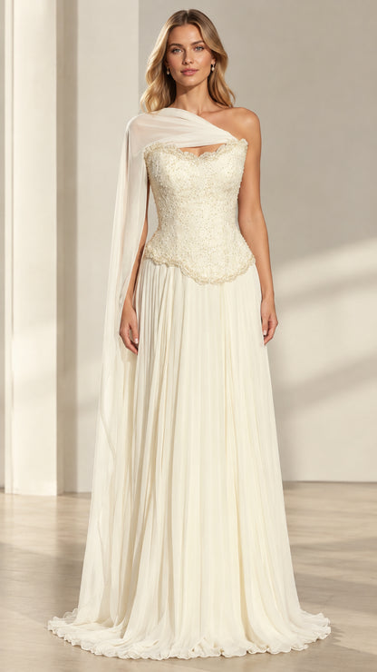 Front view of model wearing ivory beaded lace evening dress with chiffon cape