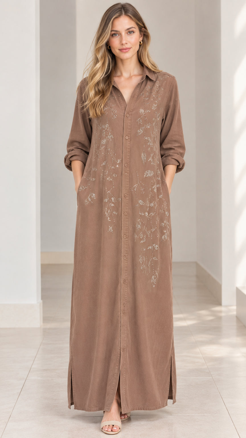 Front full view of woman wearing mocha brown embroidered maxi shirt dress